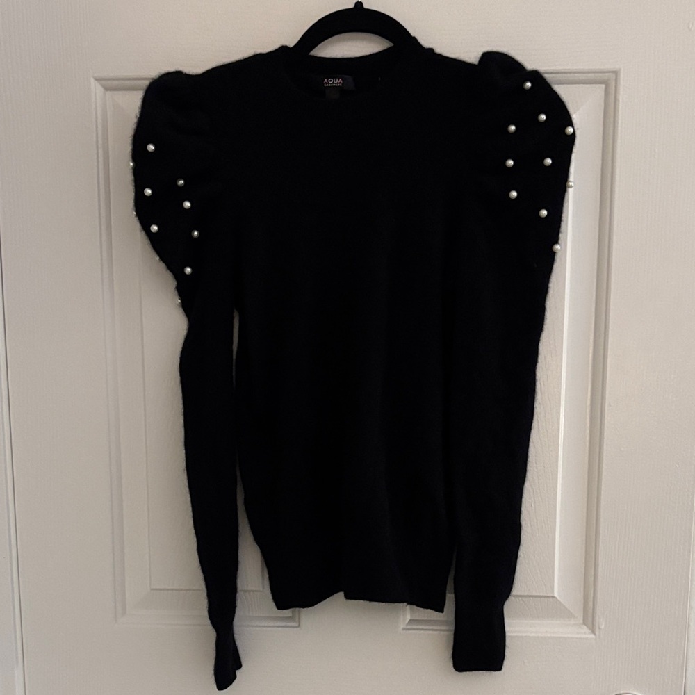 Aqua Black Puff Sleeve Cashmere Sweater with Pearl Details xs